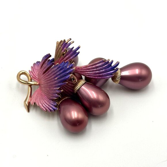 VTG Grape Cluster Brooch & Clip-On Earrings SET I Purple & Gold Enamel Granny - Picture 5 of 9